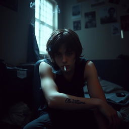 A melancholic teenage boy with semi-long hair, sitting in a dimly lit room, looking contemplative and forlorn