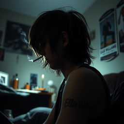 A melancholic teenage boy with semi-long hair, sitting in a dimly lit room, looking contemplative and forlorn