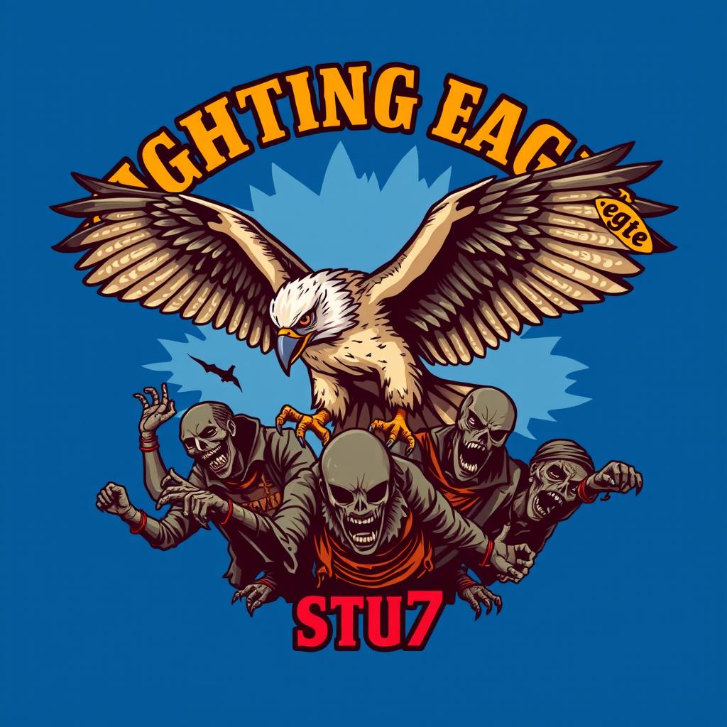 A detailed and realistic logo design featuring a powerful falcon in mid-flight, engaging in battle with multiple homeless zombies beneath its feet