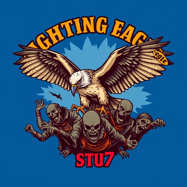 A detailed and realistic logo design featuring a powerful falcon in mid-flight, engaging in battle with multiple homeless zombies beneath its feet