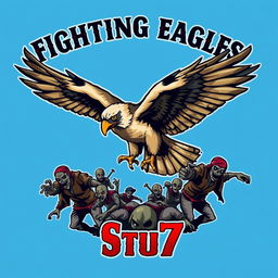 A detailed and realistic logo design featuring a powerful falcon in mid-flight, engaging in battle with multiple homeless zombies beneath its feet