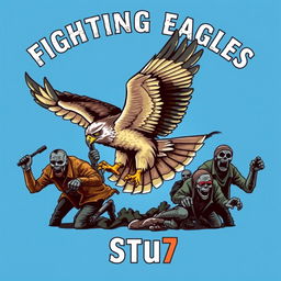 A detailed and realistic logo design featuring a powerful falcon in mid-flight, engaging in battle with multiple homeless zombies beneath its feet