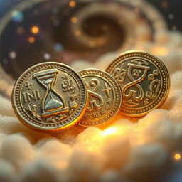 Ancient coins symbolizing eternity, intricately designed with celestial motifs and symbols of time, such as hourglasses and infinity loops