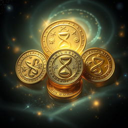 Ancient coins symbolizing eternity, intricately designed with celestial motifs and symbols of time, such as hourglasses and infinity loops