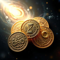 Ancient coins symbolizing eternity, intricately designed with celestial motifs and symbols of time, such as hourglasses and infinity loops