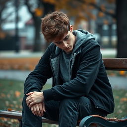A somber teenage boy sitting on a park bench, looking dejected and contemplative after a failed romance