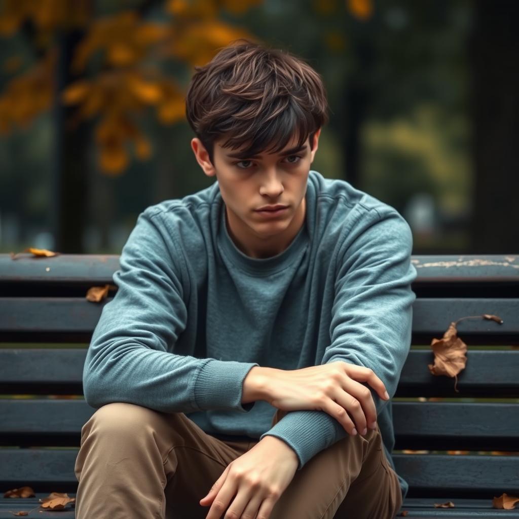 A somber teenage boy sitting on a park bench, looking dejected and contemplative after a failed romance