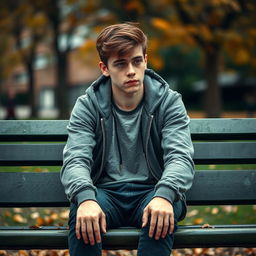 A somber teenage boy sitting on a park bench, looking dejected and contemplative after a failed romance