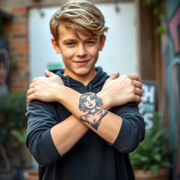 A teenage boy proudly displaying an intricate tattoo of Ellie Williams on his forearm
