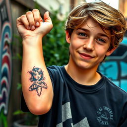 A teenage boy proudly displaying an intricate tattoo of Ellie Williams on his forearm
