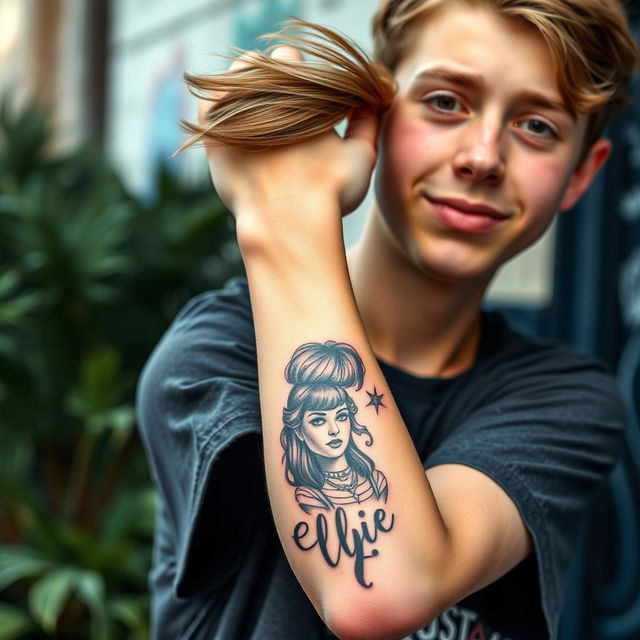 A teenage boy proudly displaying an intricate tattoo of Ellie Williams on his forearm