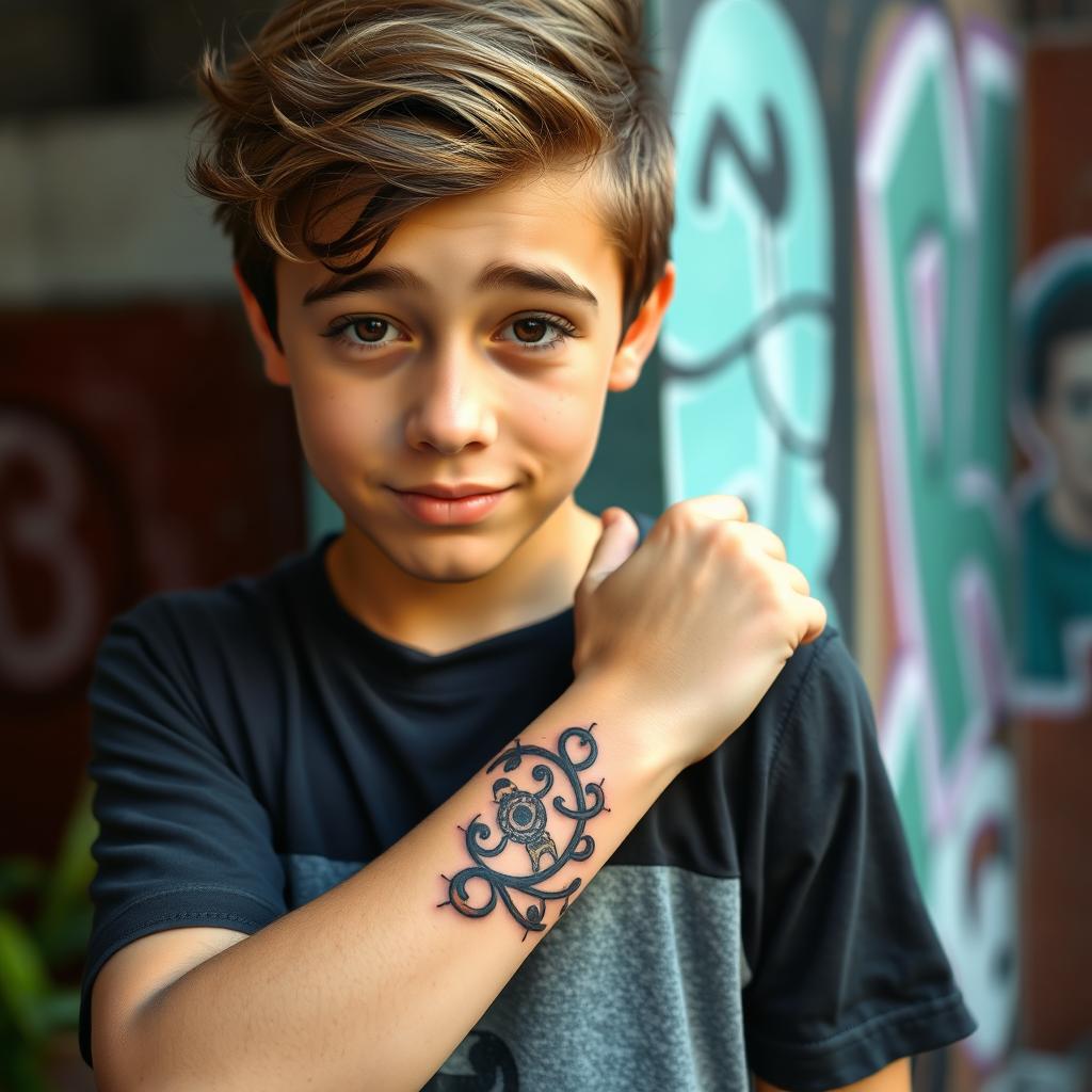 A teenage boy proudly displaying an intricate tattoo of Ellie Williams on his forearm