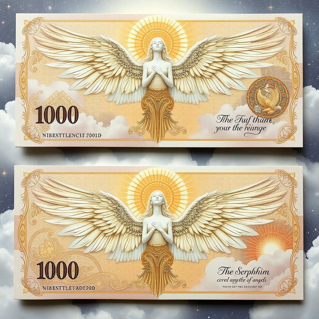 Intricately designed banknotes paying homage to Seraphim, the highest order of angels known for their divine closeness