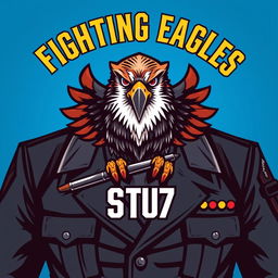 A striking logo design featuring a majestic warrior falcon prominently displayed on a soldier's suit