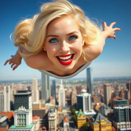A beautiful blonde woman with vivid blue eyes and striking red lips, joyfully smiling as she floats above a vibrant cityscape