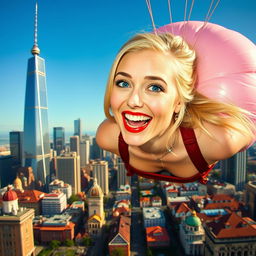 A beautiful blonde woman with vivid blue eyes and striking red lips, joyfully smiling as she floats above a vibrant cityscape