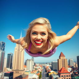 A beautiful blonde woman with vivid blue eyes and striking red lips, joyfully smiling as she floats above a vibrant cityscape