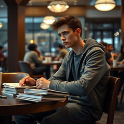 A university student sitting alone at a café on campus, looking introspective and heartbroken after a failed relationship