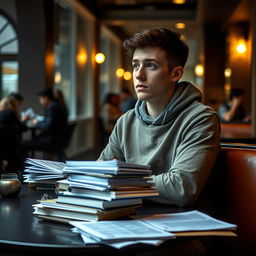 A university student sitting alone at a café on campus, looking introspective and heartbroken after a failed relationship