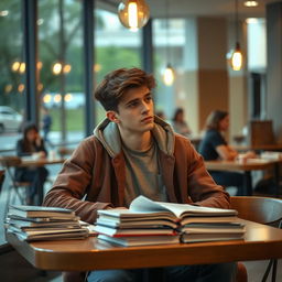A university student sitting alone at a café on campus, looking introspective and heartbroken after a failed relationship