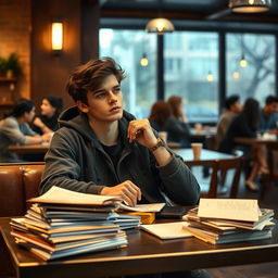 A university student sitting alone at a café on campus, looking introspective and heartbroken after a failed relationship