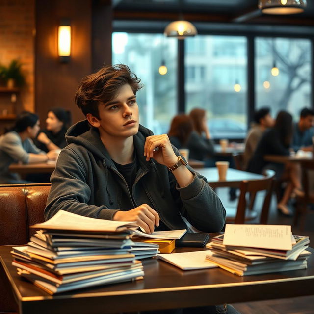 A university student sitting alone at a café on campus, looking introspective and heartbroken after a failed relationship