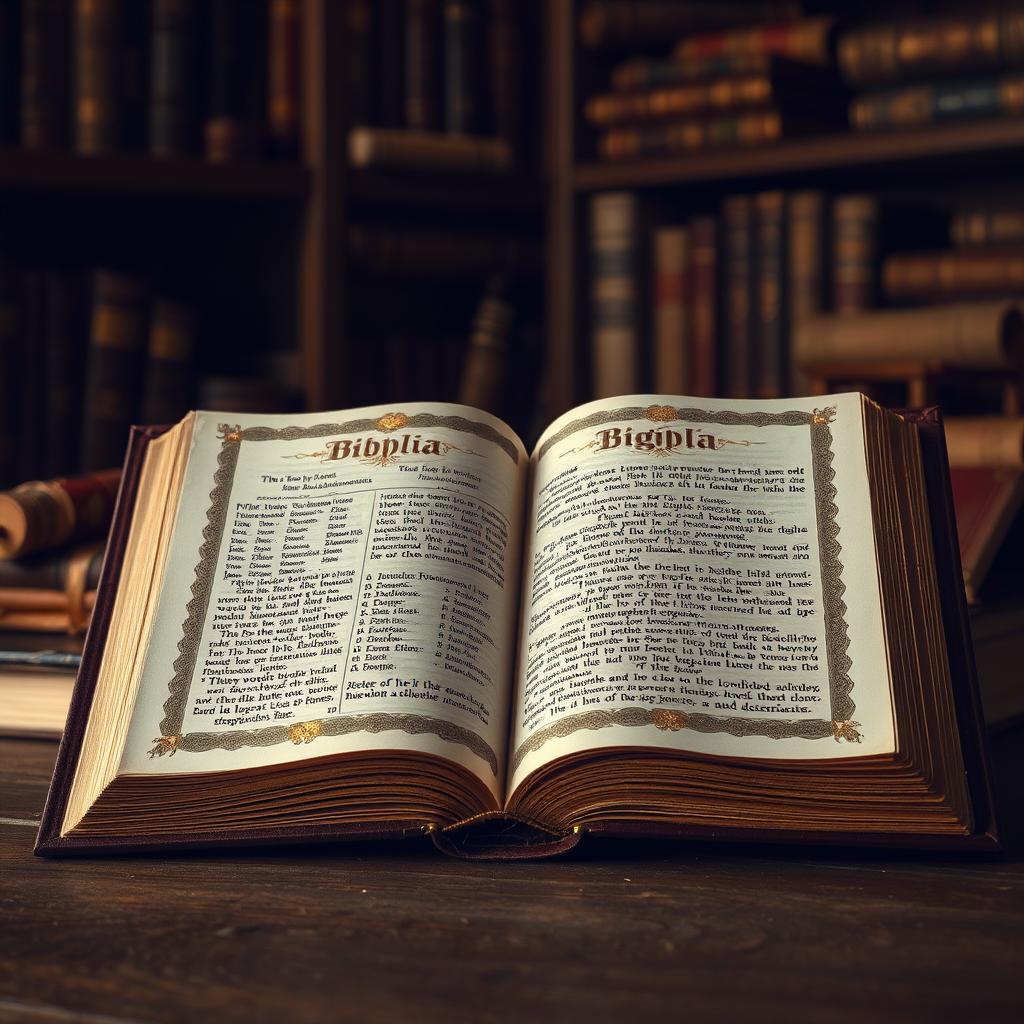 An elegant old Biblia opening up, the pages delicately flipping, revealing beautifully illustrated text and intricate gold leaf details