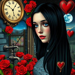 A beautiful, stunning girl with long black hair and striking blue eyes gazes into a mirror, set within a dreamlike psychedelic world inspired by Salvador Dali
