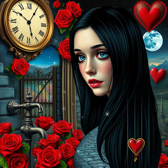 A beautiful, stunning girl with long black hair and striking blue eyes gazes into a mirror, set within a dreamlike psychedelic world inspired by Salvador Dali