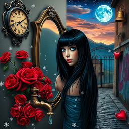A beautiful, stunning girl with long black hair and striking blue eyes gazes into a mirror, set within a dreamlike psychedelic world inspired by Salvador Dali