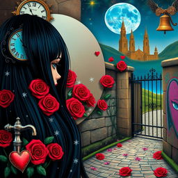 A beautiful, stunning girl with long black hair and striking blue eyes gazes into a mirror, set within a dreamlike psychedelic world inspired by Salvador Dali