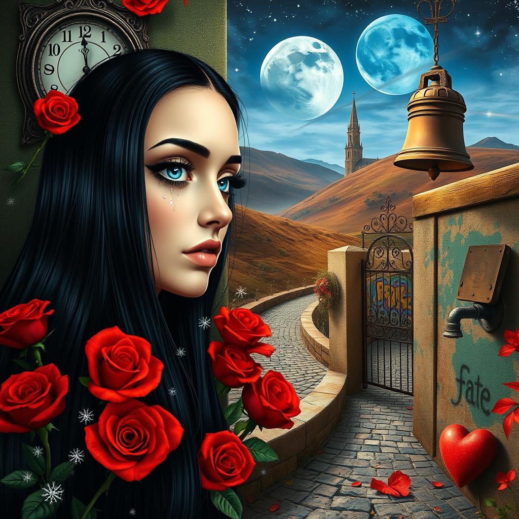 A beautiful, stunning girl with long black hair and striking blue eyes gazes into a mirror, set within a dreamlike psychedelic world inspired by Salvador Dali