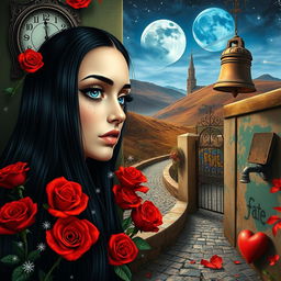 A beautiful, stunning girl with long black hair and striking blue eyes gazes into a mirror, set within a dreamlike psychedelic world inspired by Salvador Dali