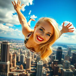 A beautiful blonde woman with striking blue eyes and luscious red lips is gracefully falling from the sky above a vibrant city