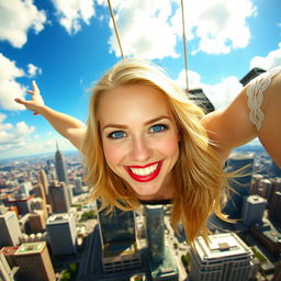 A beautiful blonde woman with striking blue eyes and luscious red lips is gracefully falling from the sky above a vibrant city