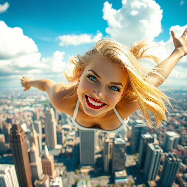 A beautiful blonde woman with striking blue eyes and luscious red lips is gracefully falling from the sky above a vibrant city