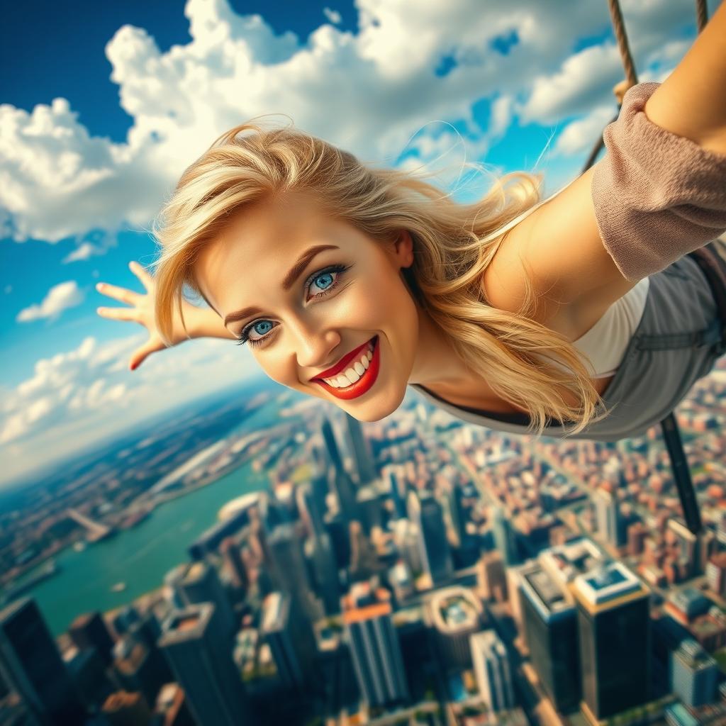 A beautiful blonde woman with striking blue eyes and luscious red lips is gracefully falling from the sky above a vibrant city