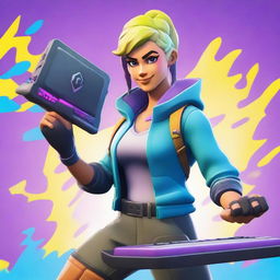 Create a high-quality digital art image of the Fortnite character, Aura, with a keyboard in her hand