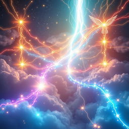 Dynamic currents of light representing energy pathways that angels can use for instantaneous travel, akin to a teleportation system