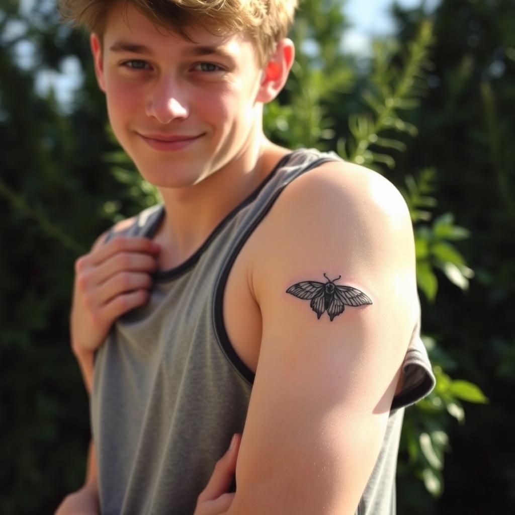 A 19-year-old male teenager proudly showing off his fern and moth tattoo on his upper arm