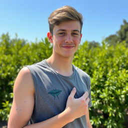 A 19-year-old male teenager proudly showing off his fern and moth tattoo on his upper arm