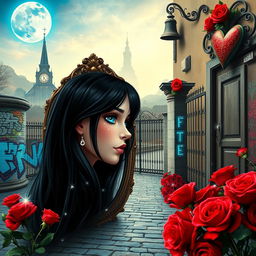 A beautiful, stunning girl with long black hair and mesmerizing blue eyes gazes into an ornate mirror, set within a dreamlike, psychedelic world inspired by Salvador Dali