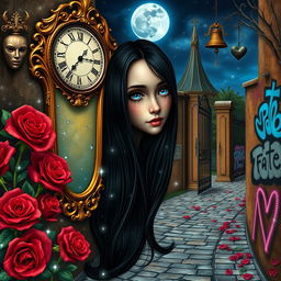 A beautiful, stunning girl with long black hair and mesmerizing blue eyes gazes into an ornate mirror, set within a dreamlike, psychedelic world inspired by Salvador Dali