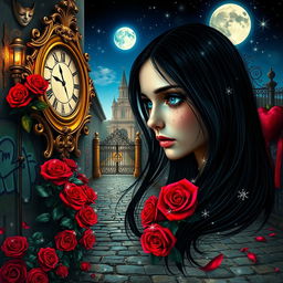 A beautiful, stunning girl with long black hair and mesmerizing blue eyes gazes into an ornate mirror, set within a dreamlike, psychedelic world inspired by Salvador Dali