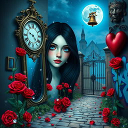 A beautiful, stunning girl with long black hair and mesmerizing blue eyes gazes into an ornate mirror, set within a dreamlike, psychedelic world inspired by Salvador Dali