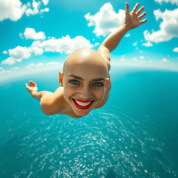A beautiful bald woman with striking blue eyes and vibrant red lips, gracefully falling from the sky above a shimmering sea