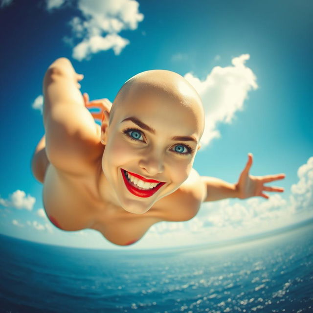 A beautiful bald woman with striking blue eyes and vibrant red lips, gracefully falling from the sky above a shimmering sea