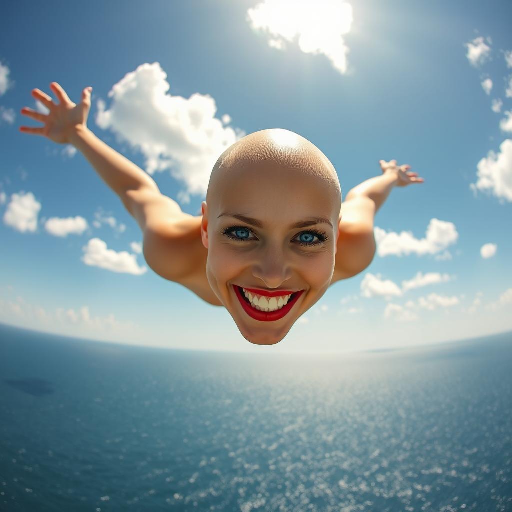 A beautiful bald woman with striking blue eyes and vibrant red lips, gracefully falling from the sky above a shimmering sea