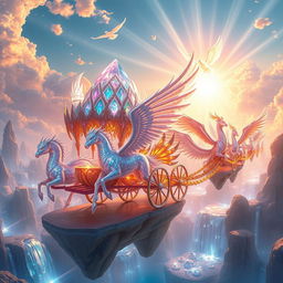 Celestial chariots made of ethereal crystal and divine energy, elegantly designed and shimmering with iridescent colors