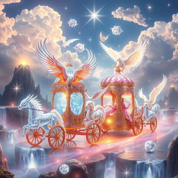 Celestial chariots made of ethereal crystal and divine energy, elegantly designed and shimmering with iridescent colors